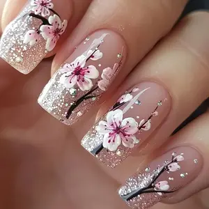 Spring Essential Fake Nails, Nude Floral Silver Glitter Rhinestone Mix, Reusable Medium Long Square Nail Extensions, 24 Pieces Set