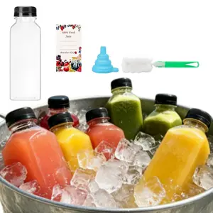  20pcs 16oz Reusable Clear Bulk Beverage Containers, Empty Plastic Juice Bottles with Caps for Juice, Milk, Smoothie, and Other Beverages, With stickers, funnel, and cleaning brush