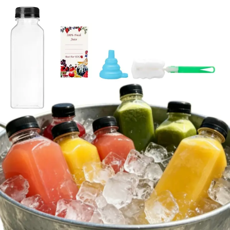  20pcs 16oz Reusable Clear Bulk Beverage Containers, Empty Plastic Juice Bottles with Caps for Juice, Milk, Smoothie, and Other Beverages, With stickers, funnel, and cleaning brush