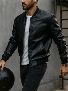 Men's PU Leather Jacket, Fitted Classic Casual Style, Zipper Baseball Collar Coat, Long Sleeve Side Pockets Design, Menswear