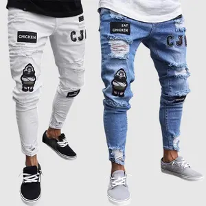 Men's High Cotton Y2K Cartoon Patch Ripped Jeans, 2 Colors Retro Washed Slim Skinny Denim Pants with Embroidered Patches & Distressed Holes, Hip Hop Streetwear Casual Trousers for Men