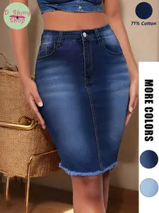 Women's Plus Size Summer Casual Tight Denim Skirt, Button Front Design, Pockets, Plain Pattern, Short Length, Comfortable Fit