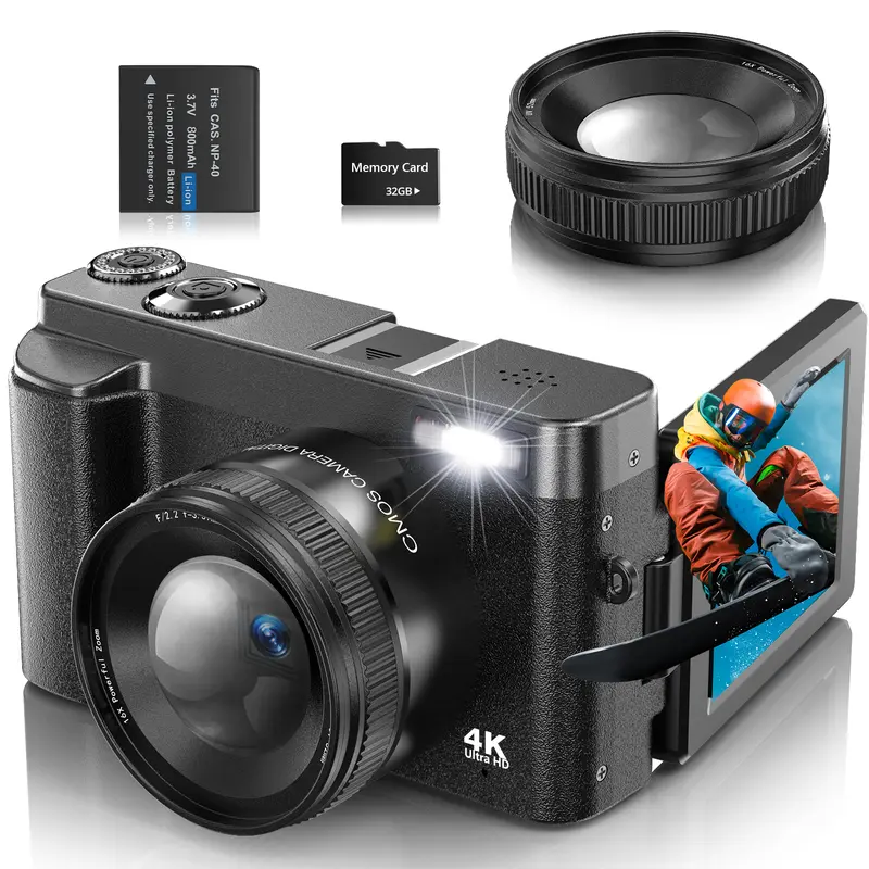 4K Digital Camera for Photography Auto-Focus Vlogging Camera for YouTube Video with 3'' 180° Flip Screen 16X Anti-Shake 4K Camera Compact Cameras with SD Card, Flash