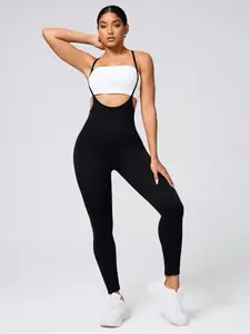 Women's Suspender Leggings High Waisted Tummy Control Yoga Pants, Underbust Workout Tights, Athletic Overalls Jumpsuit with Straps, Workout Jumpsuits
