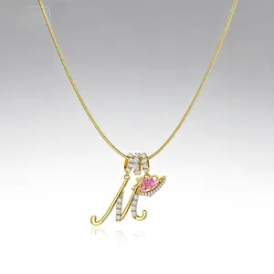 Gold 3-Layering Initial A-Z Letter Pendant Necklace Snake Chain Choker Pink Heart Zircon Adjustable Jewelry