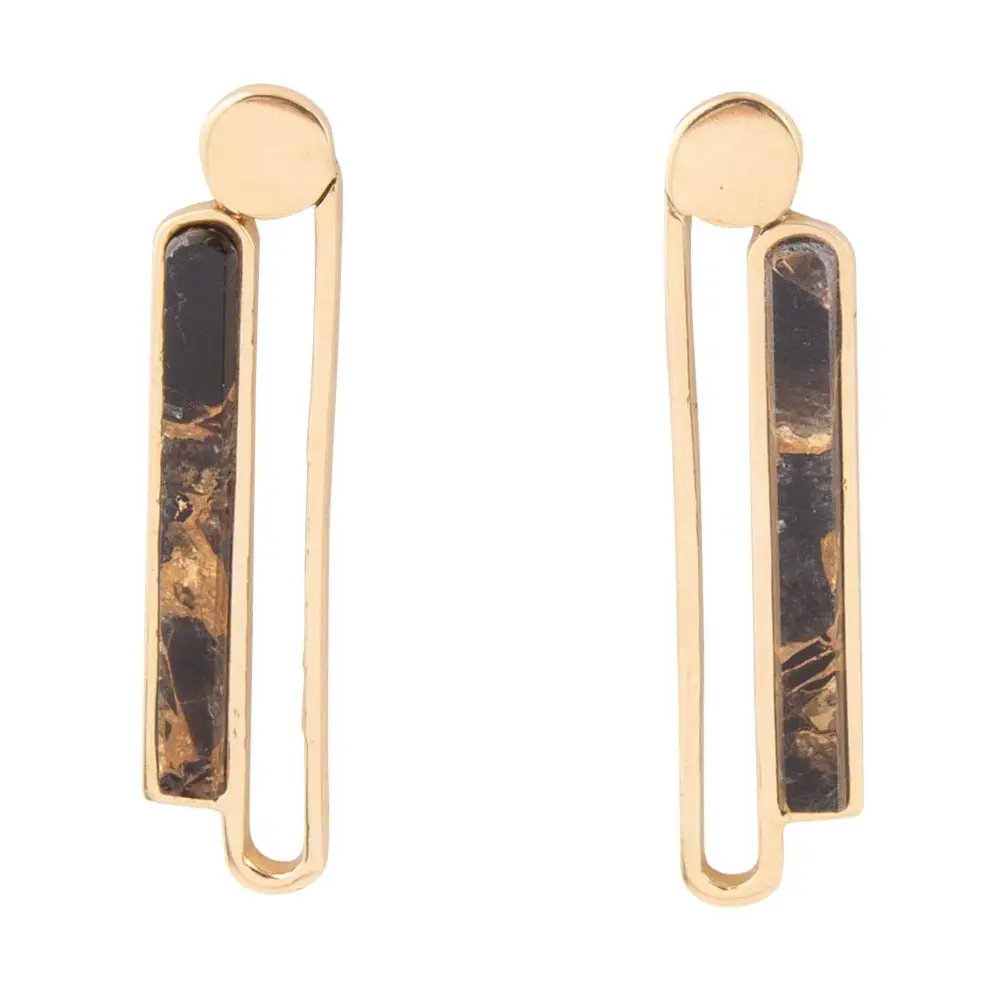Linear Black and Gold Shungite Matrix and Golden Bronze Earrings