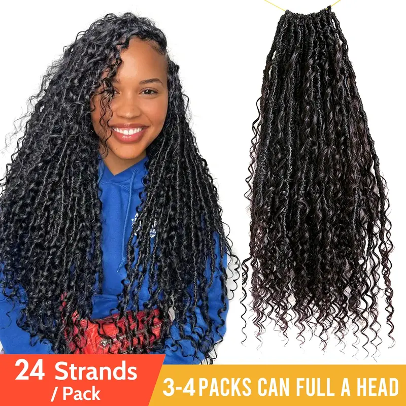 Ygwigs Boho Crochet Faux Locs Braids with Human Hair Curls Deep Wave Pre-Looped Box Braids with Curls
