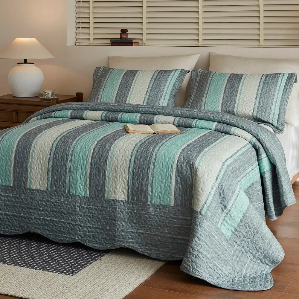 3-Piece Teal & Grey Striped Quilted Bedspread Set - Scalloped Edge Vertical Stripes, Flat Weave, Wrinkle-Resistant, Durable, Fade-Resistant, Lightweight Breathable All-Season Bedding with Pillow Shams for Queen/King Beds, Modern Coastal Decor