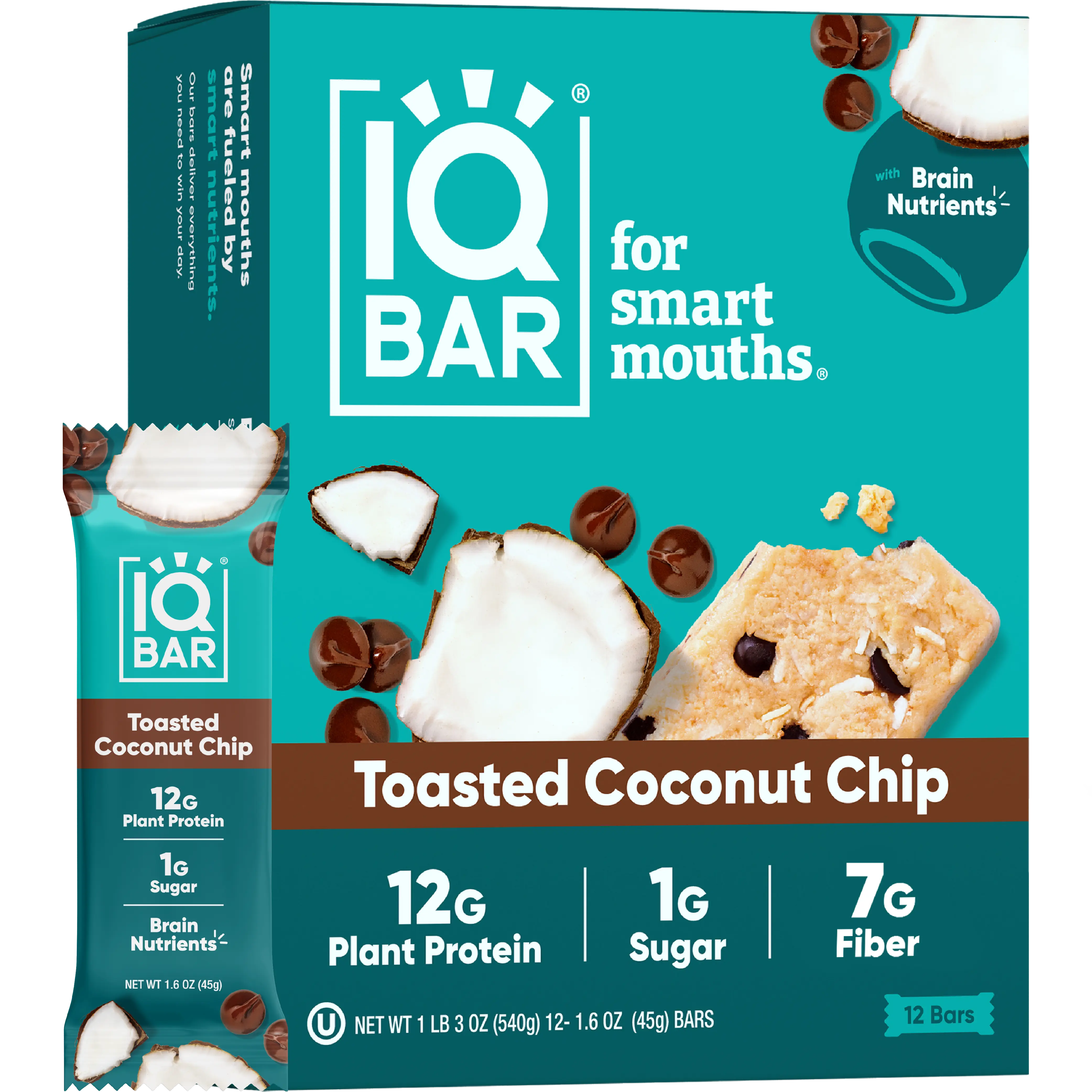 IQBAR Toasted Coconut Chip (12 Bars) - Brain and Body Plant Protein Bars - 12 Count, Low Carb, High Fiber, Gluten Free, Vegan Snacks - Low Sugar Keto Energy Bar