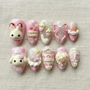 Kawaii Bunny & Strawberry Press On Nails, 3D Pastel Pink Dessert Nail Art Set