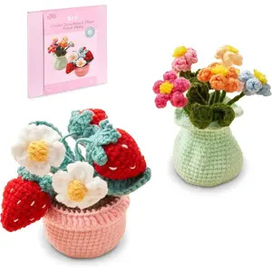 Crochet Kit for Beginners – Women‘s Day DIY Gift Idea, Make a Charming Strawberry & Flower Pot Plant, Complete Set with Video Tutorial, Yarn, Hook, Pot, Mindfulness Craft for Adults