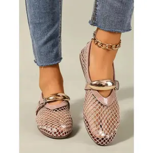 Women's Mesh Ballet Flats, Round Toe Breathable Daily Wear Shoes, Metal Buckle Mary Jane Style, Comfortable Casual Office Wear, Spring Dance Shoes