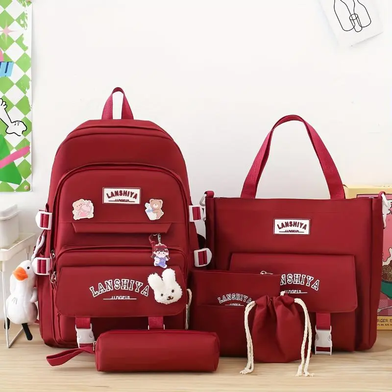 Cute 5-Piece Student Backpack Set in Solid Color Nylon, Large Capacity Bag for College with Tote, Crossbody & Charms