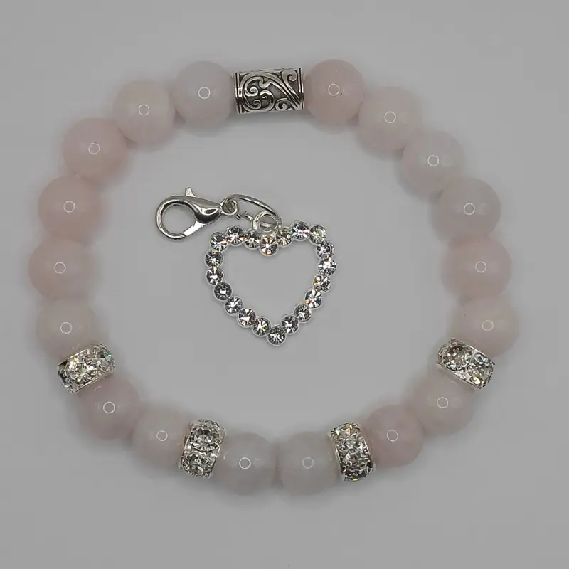 Unisex Natural Rose Quartz Bracelet with Detachable Silvery Crystal Heart Charm.  Beautifully designed with love.