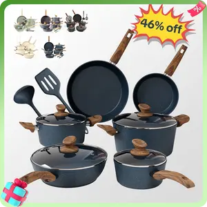 [Cookware Collection] Kitchen Academy Induction Cookware Sets - 12/17/30 Pieces Cooking Set, Granite Nonstick Pots and Pans Silicone Cast Iron Skillet Beige Cooking Set