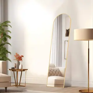 Full Length Mirror with Stand, 59''×16'' Floor Mirror with Aluminum Alloy Frame for Bedroom,  Rectangular, Arched, Free Standing Full Body Mirror with Shatter-Proof Glass for Wall, Living Room, Cloakroom, Black and Gold