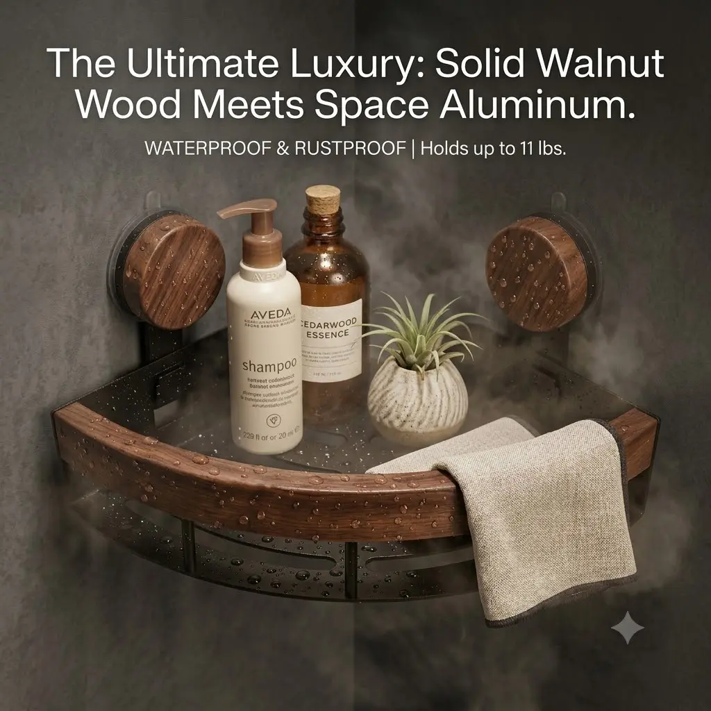 1-Pack Wooden Corner Mount Shower Caddy, Premium Space Aluminum Metal Caddy Shower Organiser with Suction Cups, Corrosion Resistant No-Drilling Luxury Spa Storage for Master Bath