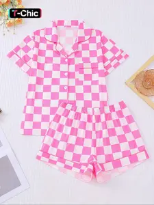 This checkered pajama set in vibrant pink and white is a summer essential, Loungewear. The lightweight fabric keeps you cool all night, while the classic button-down style adds a cute touch. The shorts are stretchy and comfortable, perfect for lounging