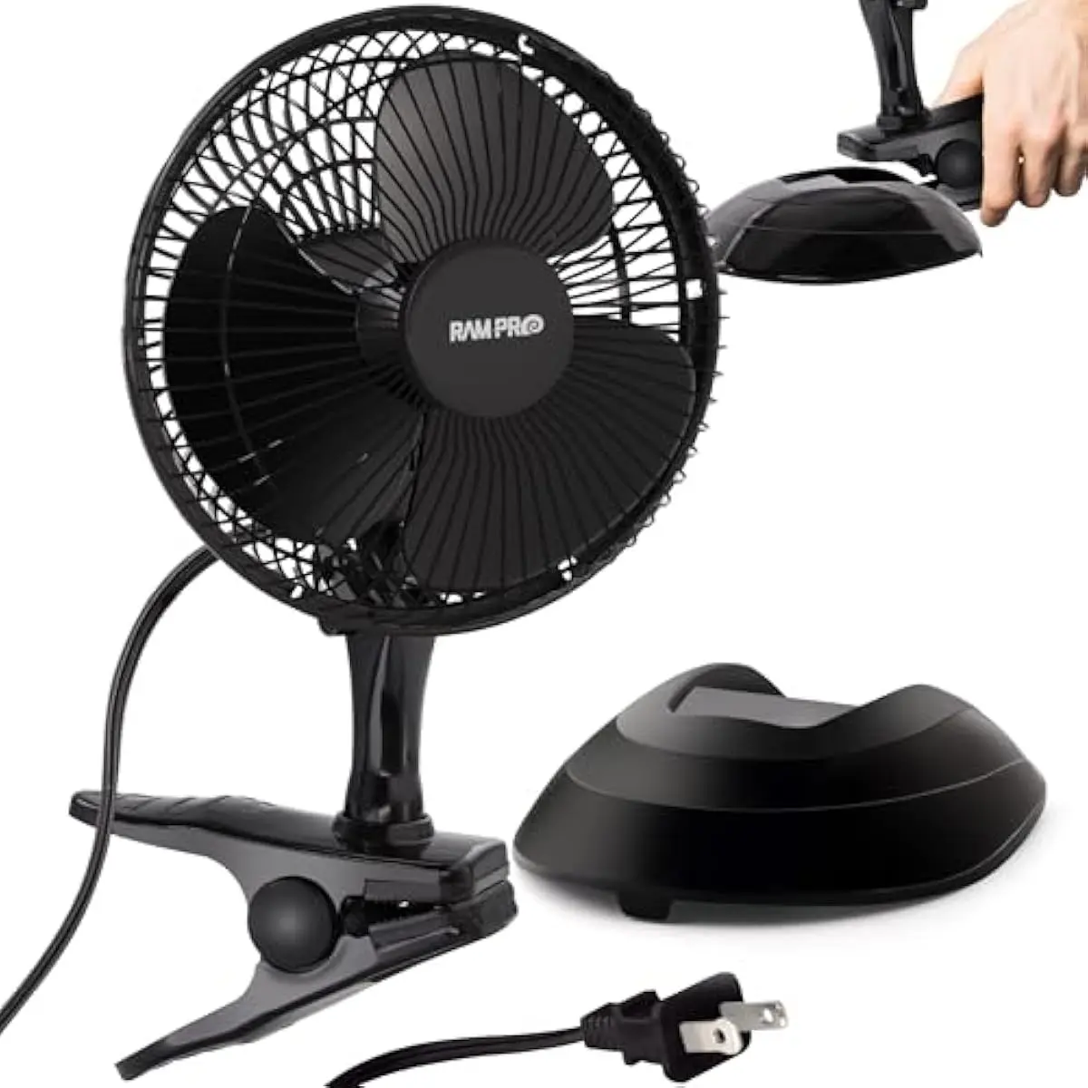RamPro Clip on Fan & Desk Fan, Small Clip Fan with Sturdy Clamp, 6 Inch Portable Clip on Fan Plug-In Quiet Personal Cooling Bed Fan for Home, Camping, 2 Speed Clip Fans with Adjustable Tilt, Black