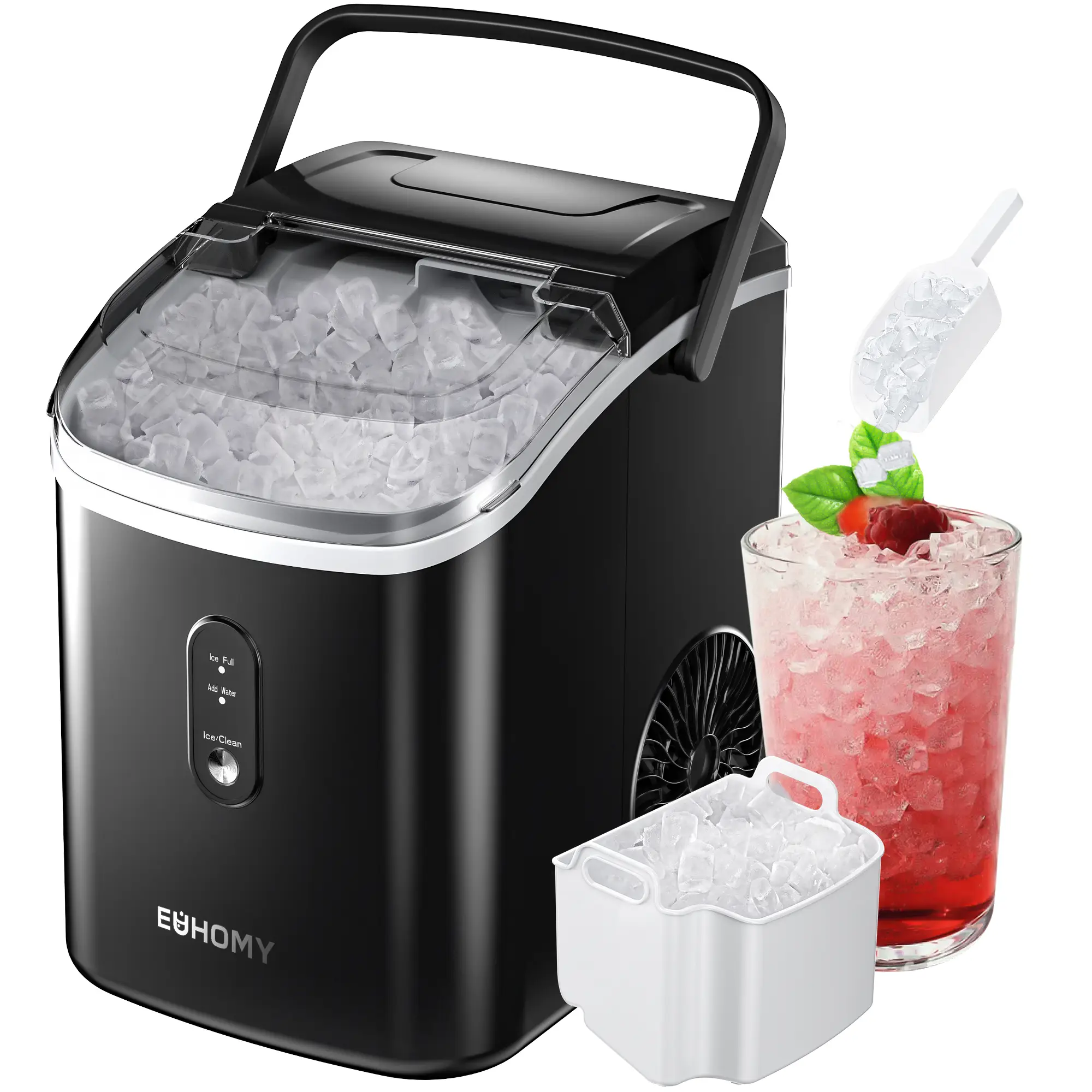 EUHOMY Nugget Ice Maker Countertop with Handle, Ready in 6 Mins, 34Lbs/Day, Removable Top Cover, Auto-Clean, with Scoop & Basket, for Home/Party/RV/Ca