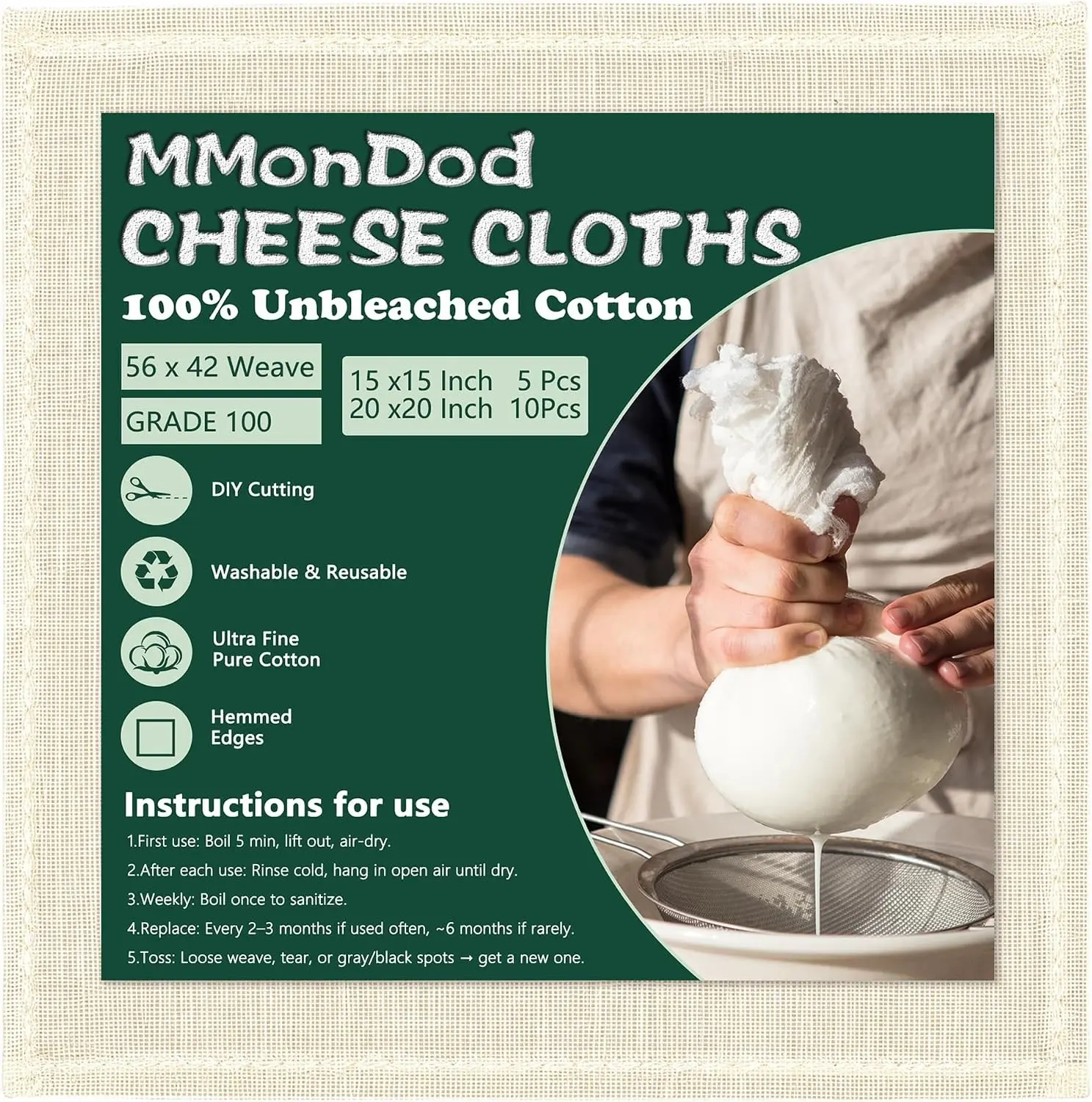 Grade 100 Cheesecloth for Straining, 15 Pack Unbleached Cotton Cloths | Precut with hemmed edges, reusable 56 x 42 weave, 10 pcs 20 x 20 + 5 pcs 15 x 15 for yogurt, cheese and nut milk
