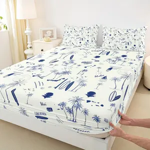 Coastal Beach Fitted Sheet,Surfboard Sailboat Palm Tree Bedding Set for Kids Girls Boys Teens Room Decor Summer Ocean Life Bed Sheet Navy Blue White Deep Pocket Sheet,summervibes