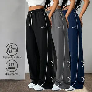 3-Pack European & American High Street Casual Pants — Thin, Breathable Wide-Leg Floor Pants with Drawstring, Star Side Stripes, Slimming Fit, Drapey Fabric