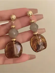 Vintage Brown Resin Dangle Earrings for Women, Retro Gold Beaded Drop Earrings, Elegant Statement Earrings for Party Daily Wear, Lightweight Earring
