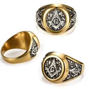 Freemasonry Logo AG Ring Street Fashion Gold Freemasonry White Diamond Ring Stainless Steel Vintage Ring engagement unique affordable adjustable accessory elegant and high-end miami cuban link chain woman jewelry