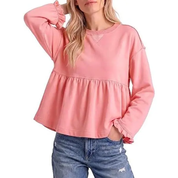 Imily Bela Women Peplum Sweatshirt Ruffle Cuff Long Sleeve Crew Neck Babydoll Pullover Loose Flowy Casual Tunic Tops for Daily Wear