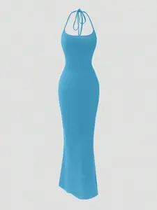 Women's Mauve Purple Halter Tie Neck Velvet Long Homecoming Dress Elegant Sexy Bodycon Maxi Outfit for Summer - Fabric, Casual