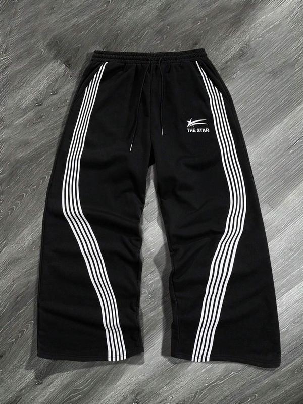 Men's Letter & Star & Striped Print Drawstring Waist Sweatpants, Regular Fit Casual Street Elastic Waist Straight Leg Trousers for Fall & Winter, Sports Casual Pants, Men's Bottoms for Daily Wear