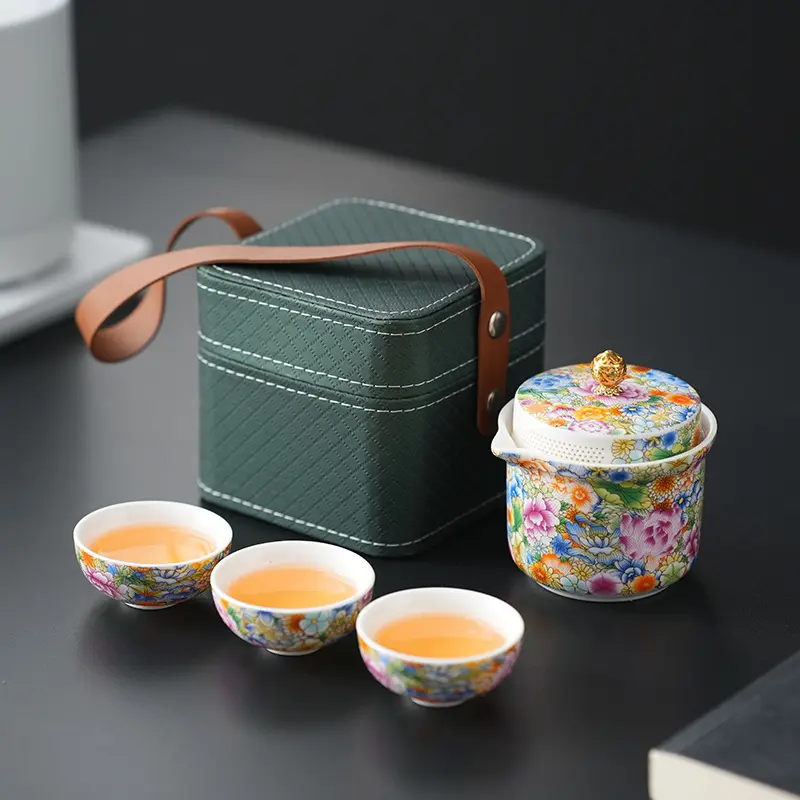 Wanhua Enamel Travel Tea Set One Pot Three Cups Outdoor Quick Tea Cup Portable Set High-end Business Gift Fine Bone China Tea Set Box Teapot Set