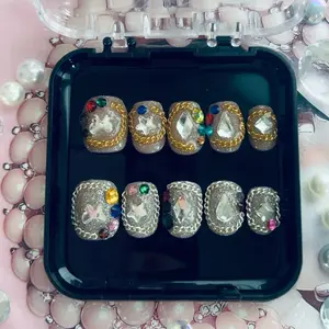 10 Pieces Medium Length Rhinestones Handmade Press On Nails for Manicure & Cutics