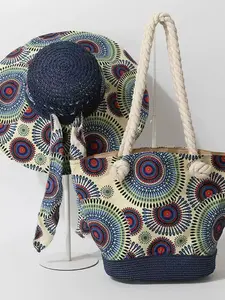 DMK Boho Style Straw Hat and Bag Set, Geometric Pattern Bag, Summer Wide Brim Sun Hat, Large Capacity Crossbody Tote, Perfect for Beach Vacations