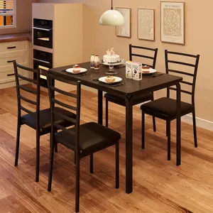 5-Piece Modern Retro Dining Table Set, Compact Space-Saver Quick Setup Furniture with Metal Frame Wood Tabletop & 4 Upholstered PU Chairs for Dining Room, Studio Apartment & Small Living Spaces, Apartment Furniture