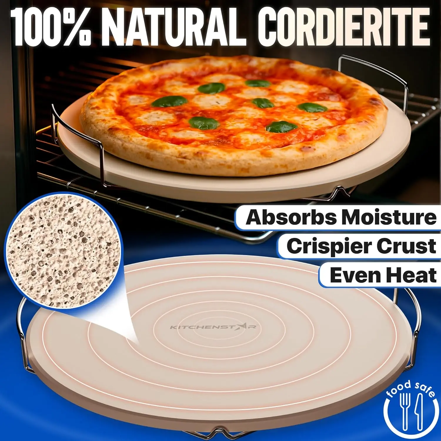KitchenStar 16-inch Pizza Stone for Oven and BBQ Grill with Handles, Round, 58 Thick - Natural Cordierite, 1800 °F Resistant, Baking Stone Set with...