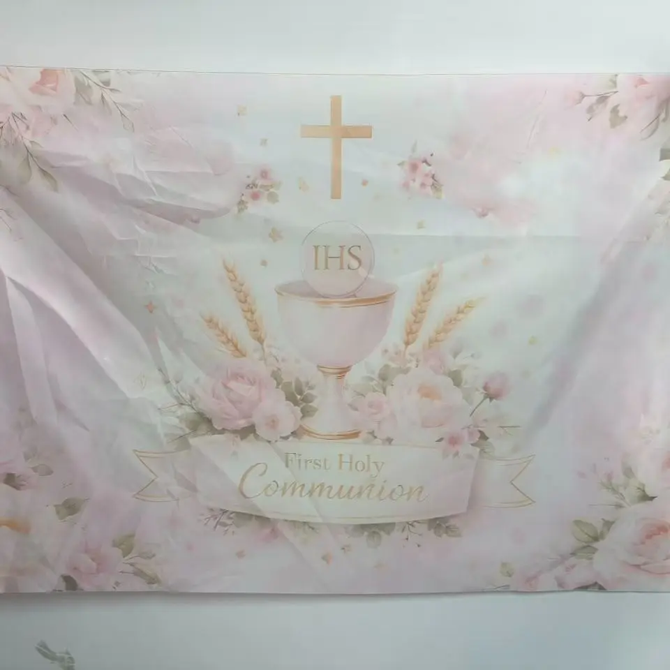 2D Flat 1PC Polyester Banner, Backdrop Banner, First Holy Communion Theme, Fresh Watercolor Style, for Communion Ceremony Decor, Church Event Setup, Memorial Photography, Indoor & Outdoor Use, Party Decoration Banner