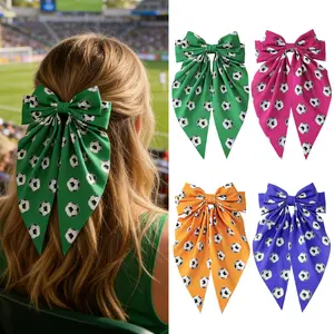 2026 Soccer Cheer Bow Hair Clip Vibrant Football Print Extra Long Flowing Ribbons Sporty Game Day Accessory Y2K Style Daily Hair Barrette for Women Girls Stadium Parties Sports Events