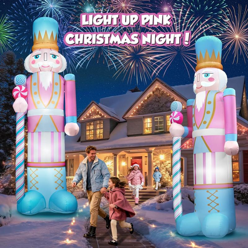 12FT Giant Christmas Inflatable Nutcracker, Huge Pink Christmas Decoration Outdoor Hold Cane Large Blow Up Yard Decorations Blowups with Bright LED Lights for Xmas New Year Holiday