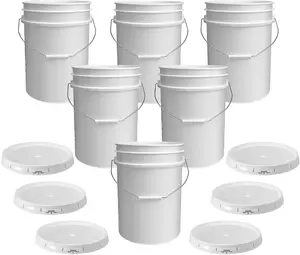 5 Gallon Bucket - Food Grade Bucket with Airtight Gasketed Tear Strip Lid, BPA-Free, Heavy-Duty 90 Mil HDPE Plastic Pail, Bulk Storage, Durable Container, Made in USA - White, 6 Packs