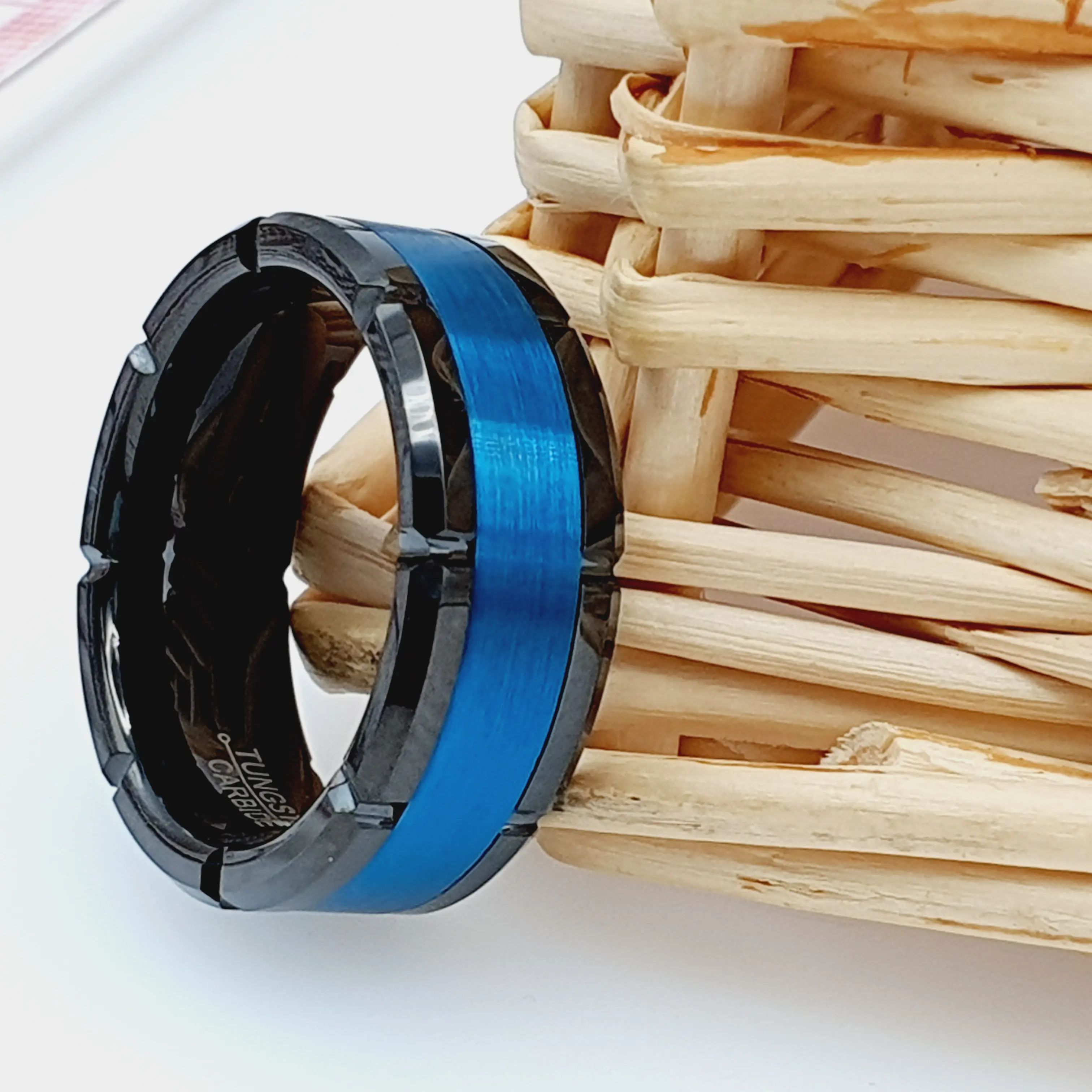 Tungsten Carbide Men's Wedding Band Black IP Plated with Blue IP Center Size 7-15 Custom Laser Engagement Band