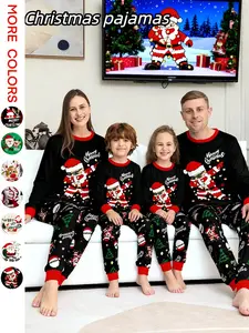 Family Matching Pajamas Set, Cartoon Sunglasses Letter Print Top, Striped Pants, Casual Fitted Sleepwear