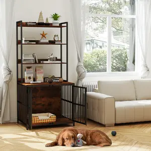 COSTWAY - Wooden Dog Crate Furniture with Storage Shelves and Double Doors-Rustic Brown COSTWAY - Wooden Dog Crate Furniture with Storage Shelves and Double Doors-Rustic Brown
