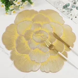 Placemats Set of 6,  Round Placemats for Dining Table Pressed Vinyl Metallic Flower Table Mats Washable and Wipeable Place Mats for Wedding Party Kitchen Decorations