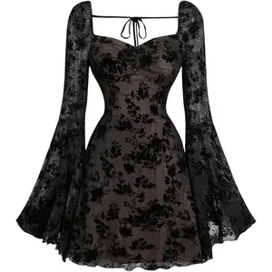 Women Floral Jacquard Mesh gothic Dress Flare Long Sleeve A-line Vintage Dress