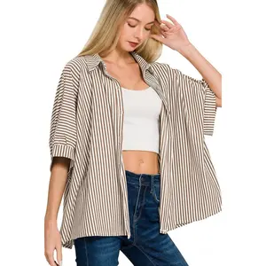 Zenana Oversized Striped Button Down Shirt
