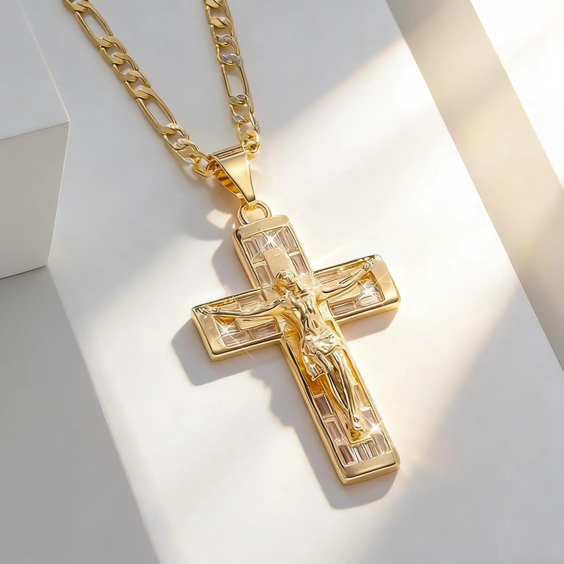 14K Gold Plated Jesus Cross Necklace for Men Women Dainty Cubic Zirconia Crucifix Pendant Classic Religious Christian Jewelry Father's Day Birthday Gift