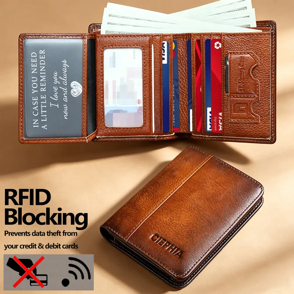 CIEPHIA Men's Genuine Leather Bifold Wallet with RFID Blocking, ID Window & Deep Cash Pocket, Multi-functional Credit Card Holder, Practical Gift for Him