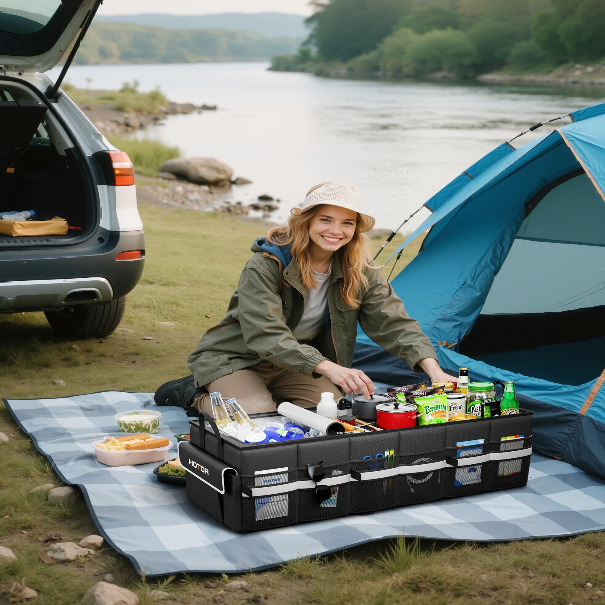 3 Compartment Car Trunk Organizer, Foldable Black Storage Box with Gray Edge, Built in Insulated Cooler Section with Ice Pack and Reflective Strip Design, Large Capacity Trunk Organizer for SUV, Sedan, Grocery, Tools and Travel Essentials